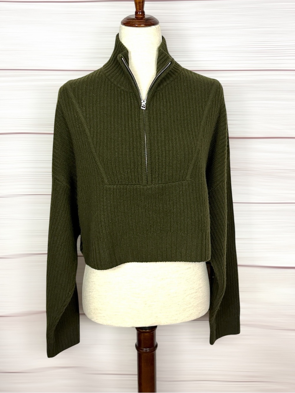 STAUD Cashmere Cropped Hampton Sweater Olive Chunky Knit Half Zip Oversized M - Picture 8 of 13